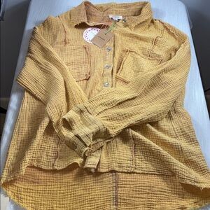 Umgee Women’s Mineral Washed 100% Cotton gauze Button-Down Shirt Large (Mustard